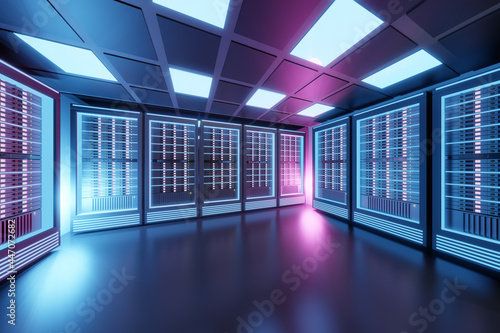 Hosting server computer room with pink blue light in the black color theme. 3D illusration rendering.