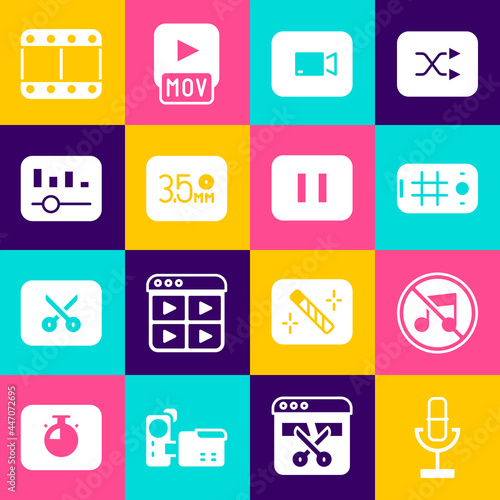 Set Microphone, Speaker mute, Selfie mobile, Play video button, Audio jack, Music equalizer, and Pause icon. Vector