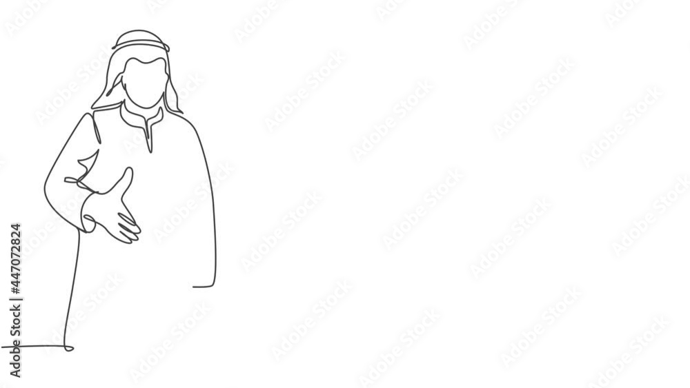 Animated self drawing of continuous line draw young muslim businessman give handshake gesture. Arab middle east businessmen with shemagh, kandura, thawb, robe cloth. Full length one line animation. Animated self drawing of continuous line draw young muslim businessman give handshake gesture. Arab middle east businessmen with shemagh, kandura, thawb, robe cloth. Full length one line animation.