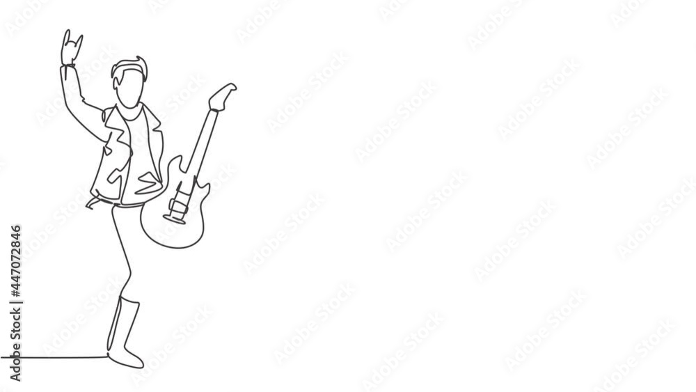 Self drawing animation of single line draw young happy male guitarist playing electric guitar on music festival stage. Musician artist performance concept continuous line draw. Full length animated. Self drawing animation of single line draw young happy male guitarist playing electric guitar on music festival stage. Musician artist performance concept continuous line draw. Full length animated.