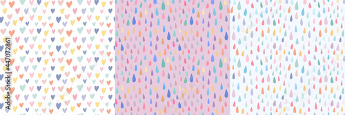 Set of three cute simple childish seamless pattern with hand drawn watercolor rainbow colors hearts, rain colorful drops on pastel backdrop. Sweet vector background. Children textile, fabric, print