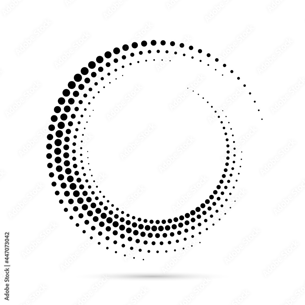 Circle dots spiral. Frame randomly dot. Futuristic ring with effect halftone. Border curved. Abstract faded circle. Semitone wavy shapes spin rounded. Circular radial boarder. Swirl patern. Vector