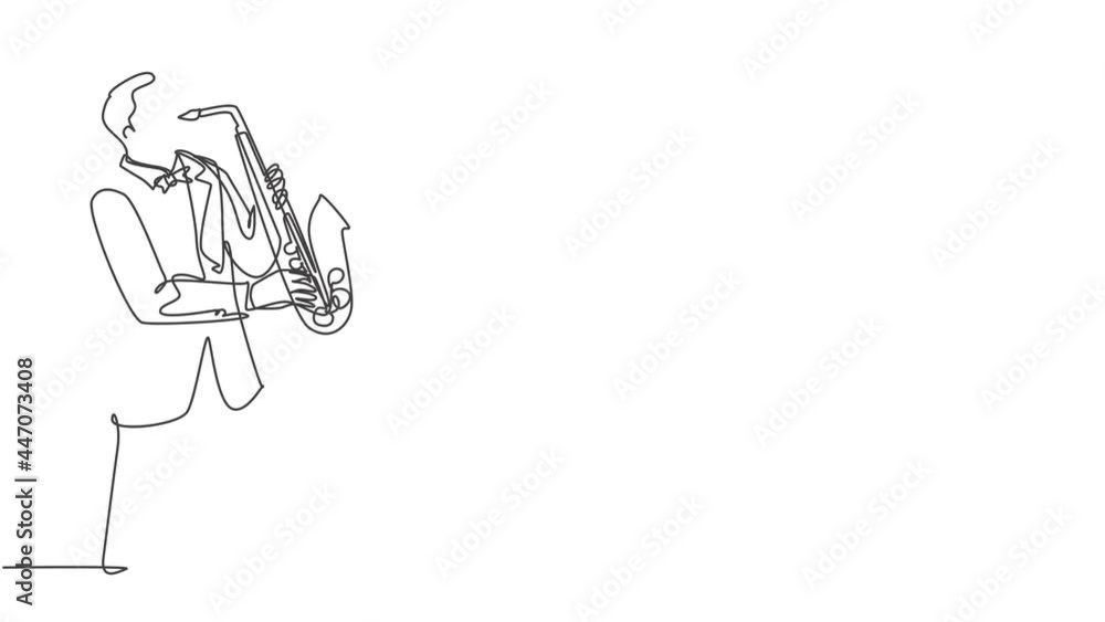 Animated self drawing of continuous line draw young happy male saxophonist with hat performing to play saxophone on music concert. Musician artist performance concept. Full length one line animation. Animated self drawing of continuous line draw young happy male saxophonist with hat performing to play saxophone on music concert. Musician artist performance concept. Full length one line animation.