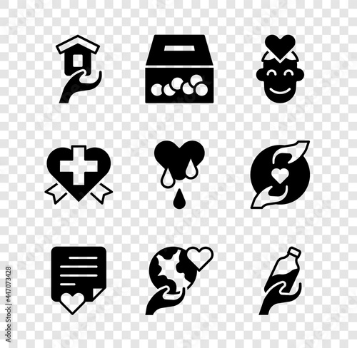 Set Shelter for homeless, Donation and charity, Volunteer, Envelope with heart, Hand holding Earth globe, water, Heart cross and Blood donation icon. Vector