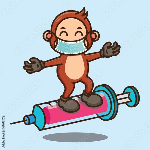 Cute Monkey Standing On Sryinge Wearing A Face Mask Design