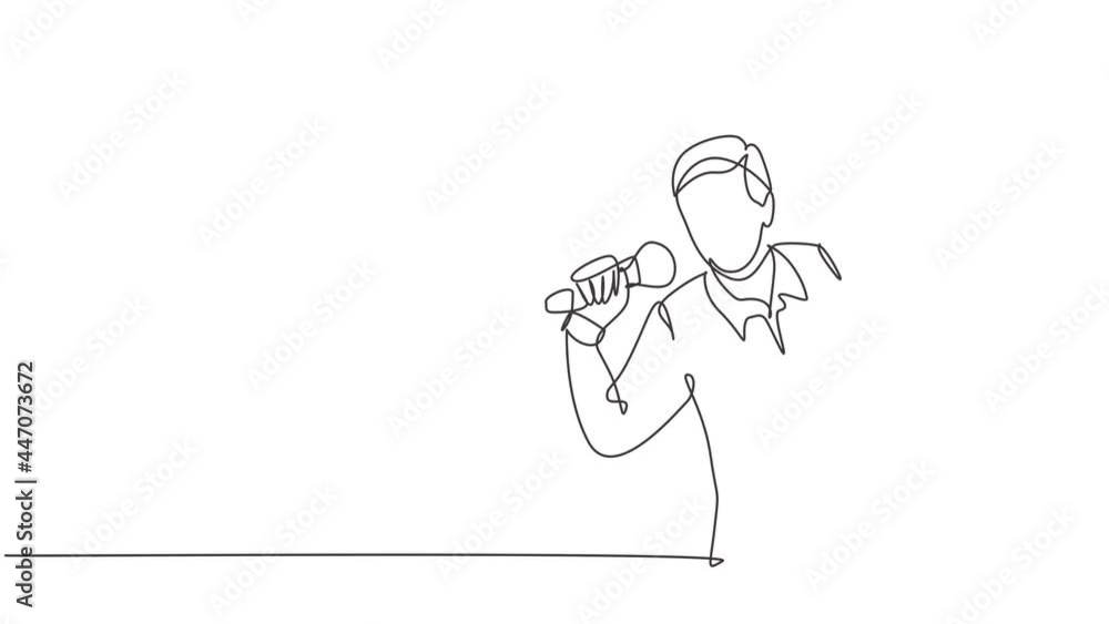 Animated self drawing of single continuous line draw young happy male pop singer holding microphone and singing on concert stage. Musician artist performance concept. Full length one line animation. Animated self drawing of single continuous line draw young happy male pop singer holding microphone and singing on concert stage. Musician artist performance concept. Full length one line animation.