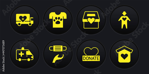 Set Ambulance car, Volunteer, Medical protective mask, Donation and charity, Animal volunteer, Shelter for homeless and Humanitarian truck icon. Vector