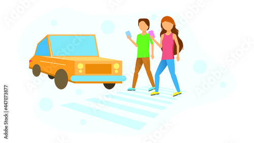 Abstract Flat Man And Woman Crossing The Road With A Smartphone In Hand Cartoon People Character Concept Illustration Vector Design Style Road Problem Accident At The Pedestrian Crossing Car Vehicle
