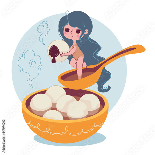 Tangyuan rice balls. Traditional festive food for the new year in China in an orange porcelain bowl. Chinese dessert in cute cartoon style. Girl fun in a spoon.
