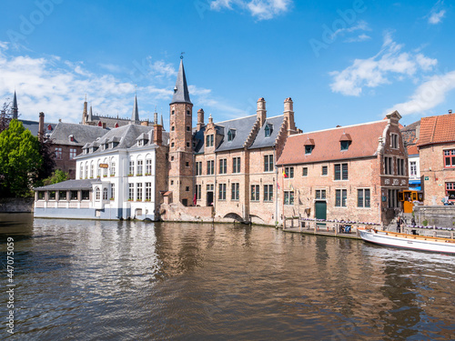 Historic guildhall of tanners and hotel along Dijver canal in Bruges, Belgium