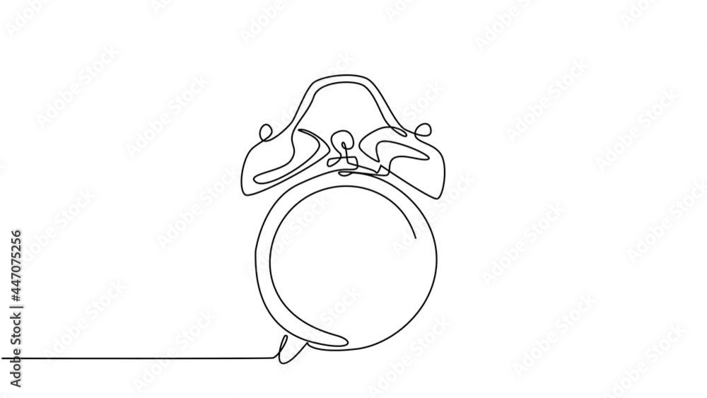 Animated self drawing of one continuous line draw classic analog desk alarm clock with big ring bell to tell the time. Table timepiece concept. Full length single line animation illustration. Animated self drawing of one continuous line draw classic analog desk alarm clock with big ring bell to tell the time. Table timepiece concept. Full length single line animation illustration.