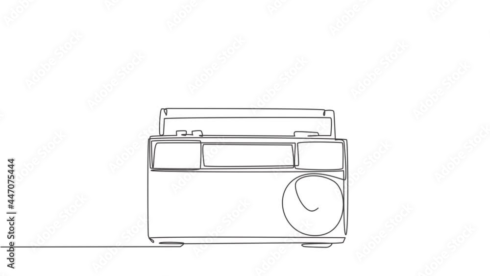Self drawing animation of one single line draw retro old fashioned analog radio tape. Classic vintage audio technology concept. Music player continuous line draw. Full length animated illustration. Self drawing animation of one single line draw retro old fashioned analog radio tape. Classic vintage audio technology concept. Music player continuous line draw. Full length animated illustration.