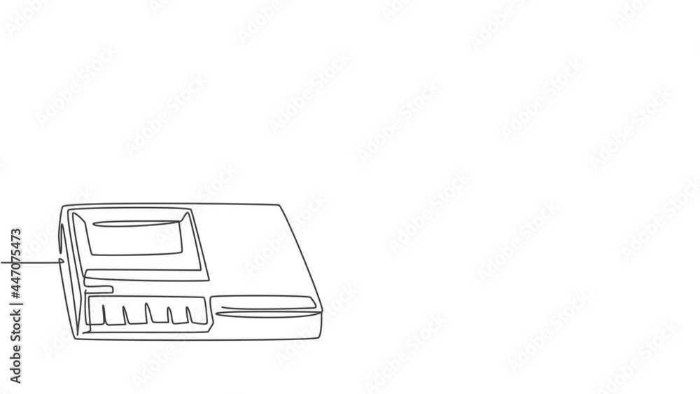 Animated self drawing of one continuous line draw retro old classic analog portable tape recorder. Vintage mobile sound and voice recorder item concept. Full length single line animation illustration. Animated self drawing of one continuous line draw retro old classic analog portable tape recorder. Vintage mobile sound and voice recorder item concept. Full length single line animation illustration.