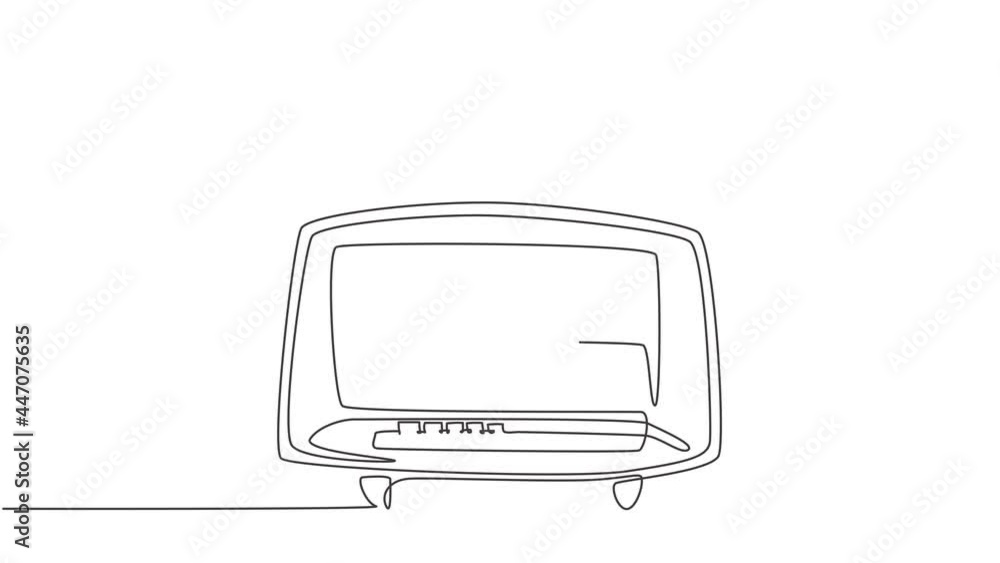 Animated self drawing of single continuous line draw retro old fashioned analog radio. Classic vintage broadcaster technology concept. Music player one graphic . Full length line draw animation. Animated self drawing of single continuous line draw retro old fashioned analog radio. Classic vintage broadcaster technology concept. Music player one graphic . Full length line draw animation.