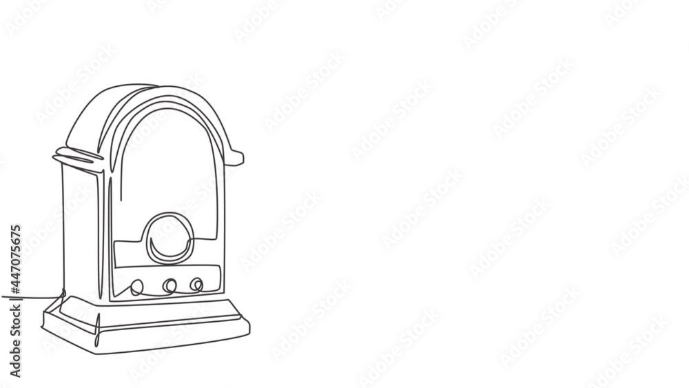 Animated self drawing of single continuous line draw retro old fashioned analog desk radio. Classic vintage broadcaster technology concept. Music player. Full length one line animation illustration. Animated self drawing of single continuous line draw retro old fashioned analog desk radio. Classic vintage broadcaster technology concept. Music player. Full length one line animation illustration.