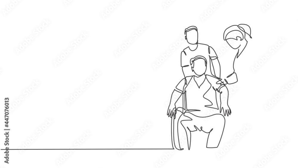 Animated self drawing of one continuous single line draw female doctor giving consultation session to patient on wheelchair. Medical health care treatment concept. Full length single line animation. Animated self drawing of one continuous single line draw female doctor giving consultation session to patient on wheelchair. Medical health care treatment concept. Full length single line animation.