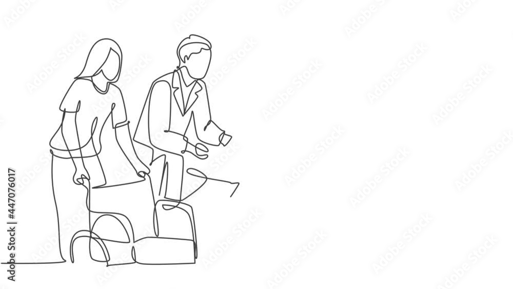 Self drawing animation of one single line draw young male doctor helping old patient get to wheelchair from hospital bed. Medical health care service concept continuous line draw. Full length animated Self drawing animation of one single line draw young male doctor helping old patient get to wheelchair from hospital bed. Medical health care service concept continuous line draw. Full length animated