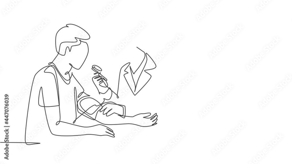 Animated self drawing of one continuous single line draw female doctor check patient's blood pressure pulse rate at hospital. Medical check up healthcare concept. Full length single line animation. Animated self drawing of one continuous single line draw female doctor check patient's blood pressure pulse rate at hospital. Medical check up healthcare concept. Full length single line animation.