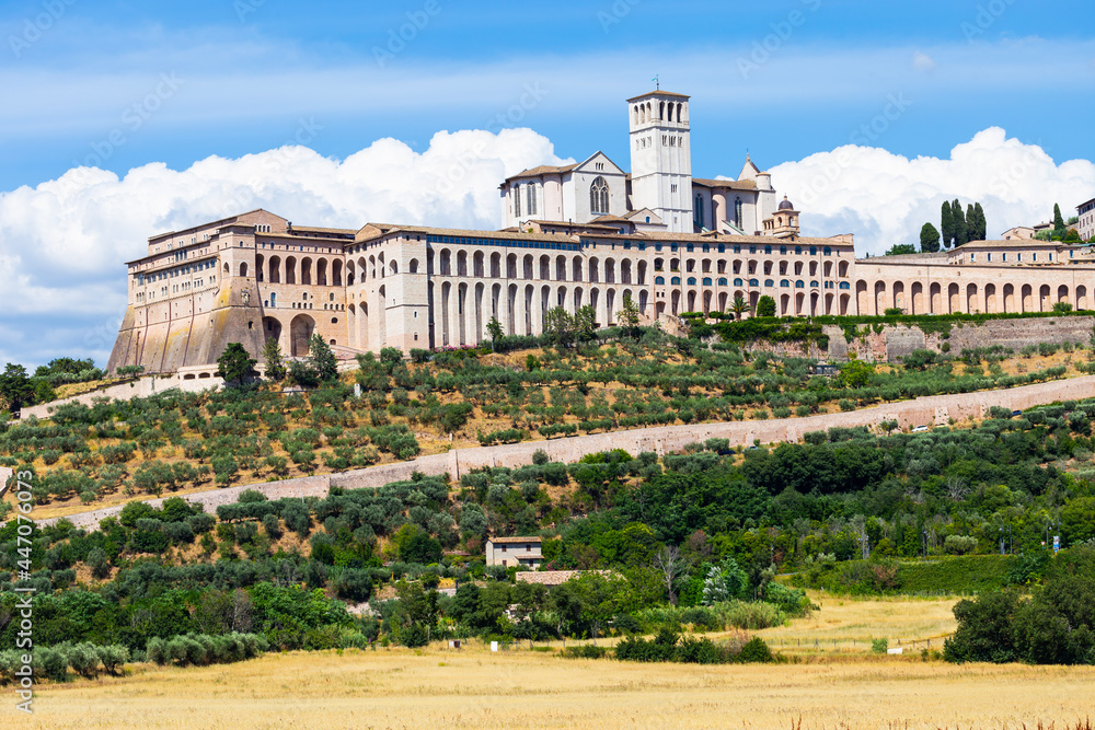 Obraz premium Assisi village in Umbria region, Italy. The most important Italian Basilica dedicated to St. Francis - San Francesco.