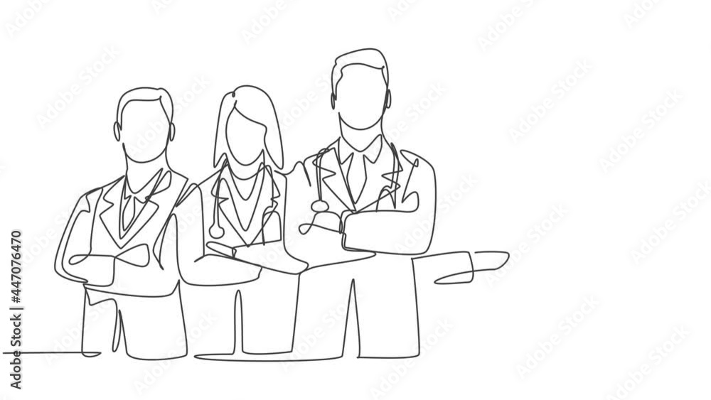 Animated self drawing of continuous single line draw group of young promising doctor posing standing cross hands on chest together at hospital. Medical teamwork concept. Full length one line animation Animated self drawing of continuous single line draw group of young promising doctor posing standing cross hands on chest together at hospital. Medical teamwork concept. Full length one line animation