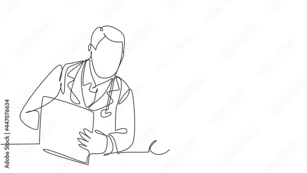 Animated self drawing of continuous line draw male doctor giving consultation session to female patient while reading medical record. Hospital health care concept. Full length single line animation. Animated self drawing of continuous line draw male doctor giving consultation session to female patient while reading medical record. Hospital health care concept. Full length single line animation.