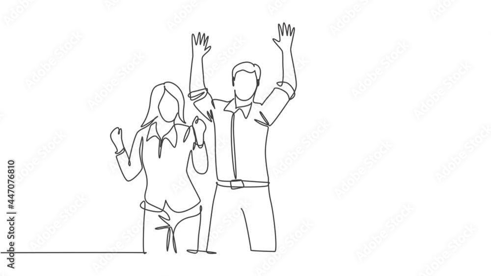 Animated self drawing of single continuous line draw young happy female, male workers prancing with joy at office room together. Business teamwork celebration concept. Full length one line animation. Animated self drawing of single continuous line draw young happy female, male workers prancing with joy at office room together. Business teamwork celebration concept. Full length one line animation.