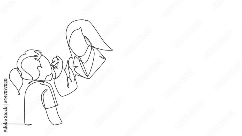 Self drawing animation of single line draw young female dentist examining do filling tooth to young beautiful girl patient. Teeth treatment care concept continuous line draw. Full length animated. Self drawing animation of single line draw young female dentist examining do filling tooth to young beautiful girl patient. Teeth treatment care concept continuous line draw. Full length animated.