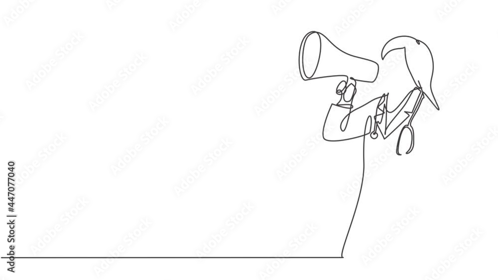 Animated self drawing of continuous line draw young female doctor announced important information to patient using loudspeaker megaphone. Medical health worker concept. Full length one line animation. Animated self drawing of continuous line draw young female doctor announced important information to patient using loudspeaker megaphone. Medical health worker concept. Full length one line animation.