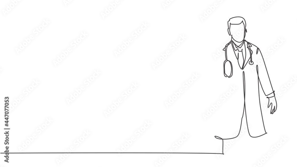 Animated self drawing of continuous line draw young happy male doctor giving warm welcome greeting gesture to patients. Medical health care service workers concept. Full length one line animation. Animated self drawing of continuous line draw young happy male doctor giving warm welcome greeting gesture to patients. Medical health care service workers concept. Full length one line animation.