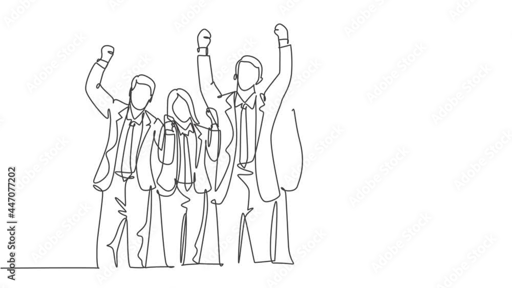 Animated self drawing of one continuous line draw young happy male and female workers line up neatly at meeting room together. Business teamwork celebration concept. Full length single line animation. Animated self drawing of one continuous line draw young happy male and female workers line up neatly at meeting room together. Business teamwork celebration concept. Full length single line animation.