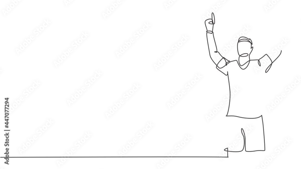 Self drawing animation of one single line draw football player feels gratitude and pointing fingers to sky after goal scoring. Match goal celebration concept continuous line draw. Full length animated Self drawing animation of one single line draw football player feels gratitude and pointing fingers to sky after goal scoring. Match goal celebration concept continuous line draw. Full length animated