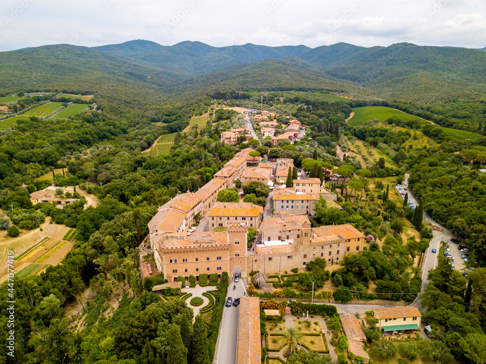 Aerial Drone view Bolgheri dall'alto, Viale dei Cipressi, cypress road and olive trees in Tuscany, Italy.