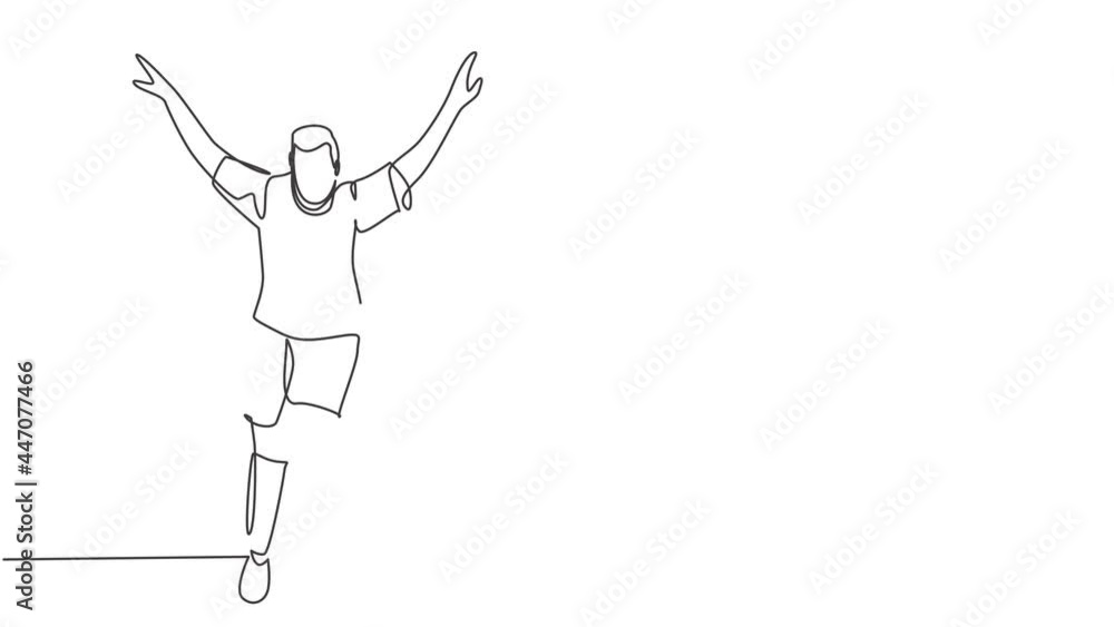 Animated self drawing of continuous line draw young sporty soccer player running around field while spreading his arms on field. Match soccer goal celebration concept. Full length one line animation. Animated self drawing of continuous line draw young sporty soccer player running around field while spreading his arms on field. Match soccer goal celebration concept. Full length one line animation.