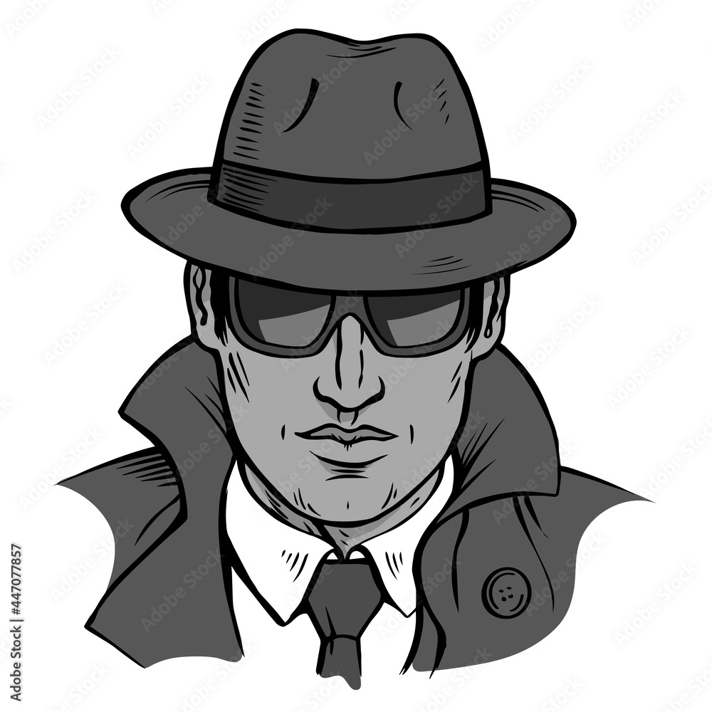 Illustration portrait of a man detective in sunglasses and a hat Illustration portrait of a man detective in sunglasses and a hat