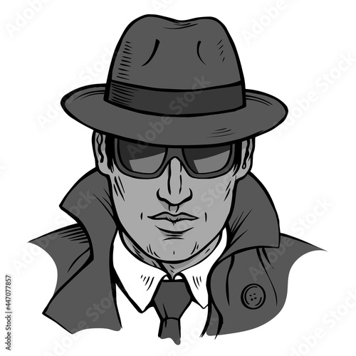 Illustration portrait of a man detective in sunglasses and a hat