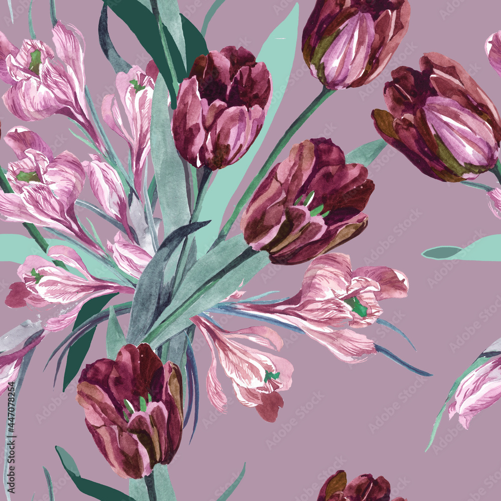 Dark red tulips and pink crocuses bouquet on pik grey background seamless pattern for all prints.