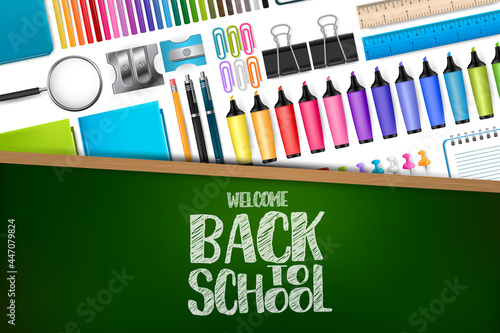 Back to school banner. Realistic 3d stationery supplies for students and teachers. Education concept background design with a green chalkboard. Vector illustration.