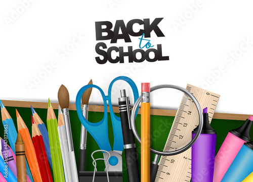 Back to school banner. Realistic 3d stationery supplies for students and teachers. Education concept background design with a green chalkboard. Vector illustration.