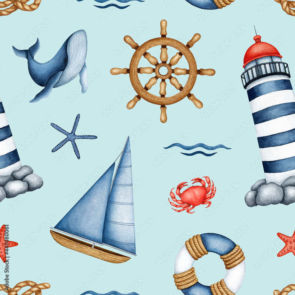 Watercolor Nautical seamless pattern. Hand drawn Lighthouse, Sailboat, Underwater Animal, Ship steering wheel, lifebuoy, rope knot, wave. Sea Life. Marine background for nursery print, fabric, textile