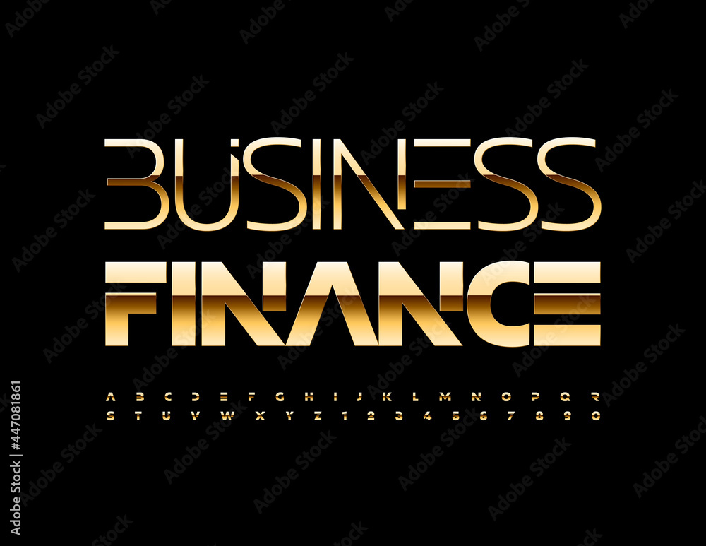 Vector luxury sign Business Finance. Premium techno Font. Metallic Gold Alphabet Letters and Numbers set
