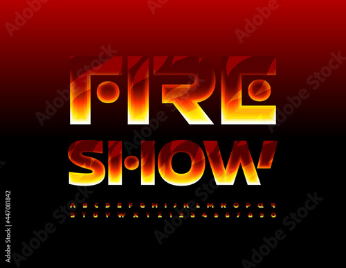 Vector unique banner Fire Show. Flaming pattern Font. Abstract style Alphabet Letters and Numbers set