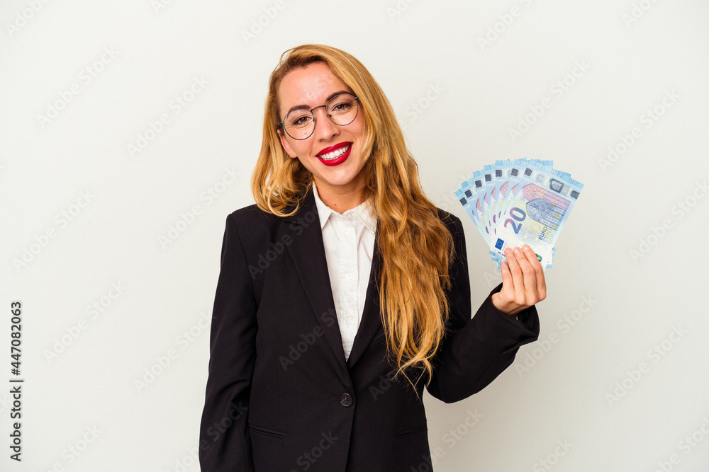 Caucasian business woman holding bills isolated on white background happy, smiling and cheerful. Caucasian business woman holding bills isolated on white background happy, smiling and cheerful.