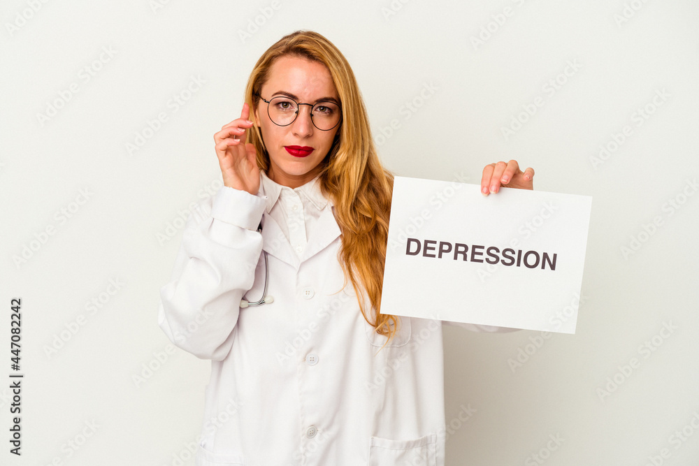 Caucasian doctor woman holding a depression placard isolated on white background pointing temple with finger, thinking, focused on a task.