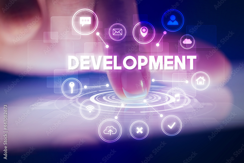 Finger touching tablet with web technology icons concept