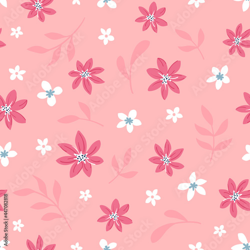 Soft bright little white and pink flowers and pink branches on a pink background. Seamless surface repeat vector pattern.