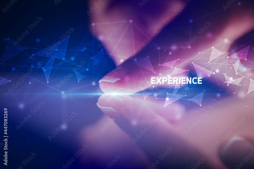 Finger touching tablet with business connection concept Finger touching tablet with business connection concept