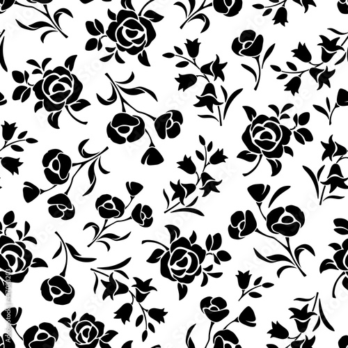 Vector seamless black and white floral pattern with various flowers silhouettes.