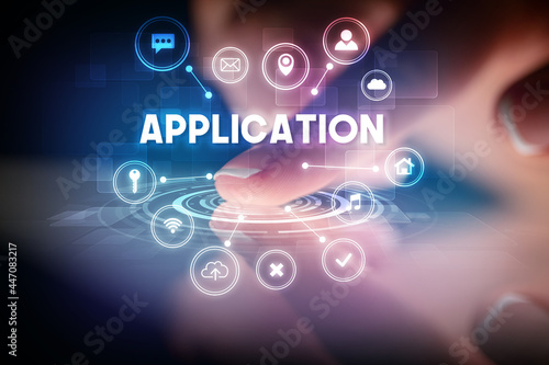 Wallpaper Mural Finger touching tablet with web technology icons concept Torontodigital.ca