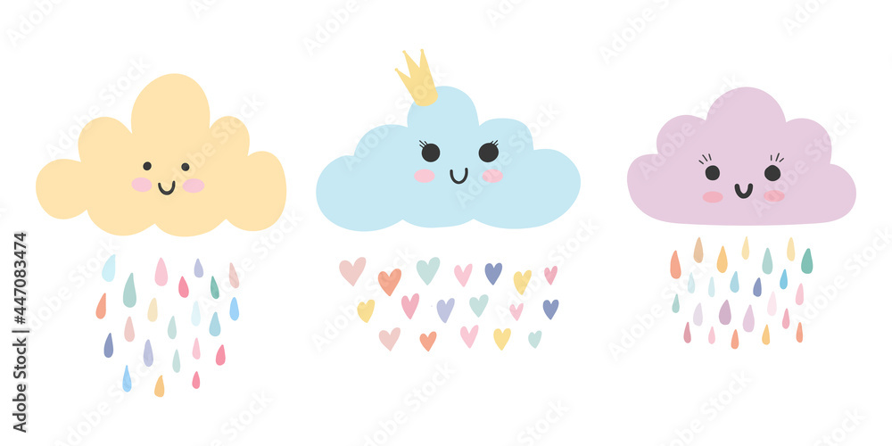 Set of three cute pink baby cloud with smiling kawaii face and rainbow rain drops and hearts. Sweet nursery poster design. Vector illustration childish simple Scandinavian hand drawn style isolated.