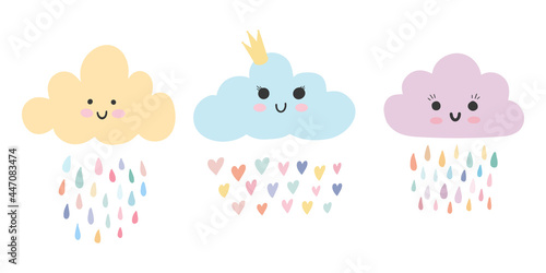 Set of three cute pink baby cloud with smiling kawaii face and rainbow rain drops and hearts. Sweet nursery poster design. Vector illustration childish simple Scandinavian hand drawn style isolated.